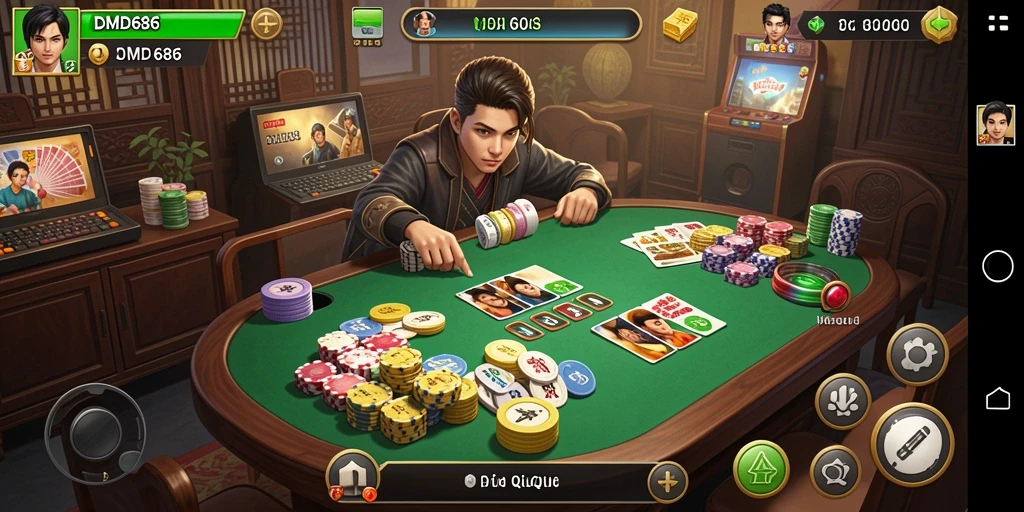 Tampilan utama gameplay DMD686 menampilkan kartu QiuQiu yang seru.