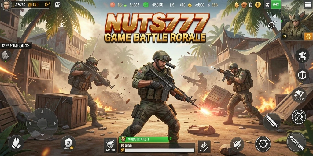Tangkapan layar NUTS777 menampilkan aksi seru Battle Royale di arena.