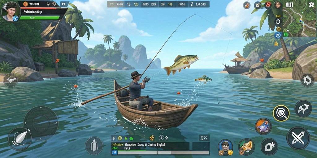 Gameplay WINIDN yang menampilkan petualangan memancing seru.